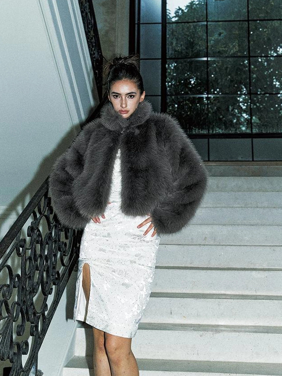 Grey Glitter Faux Fur Coat