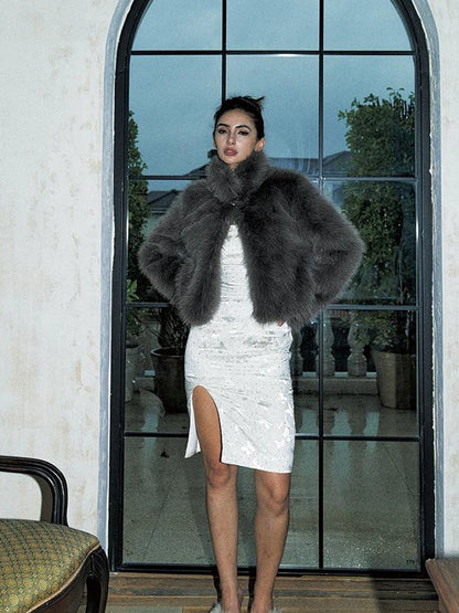 Grey Glitter Faux Fur Coat