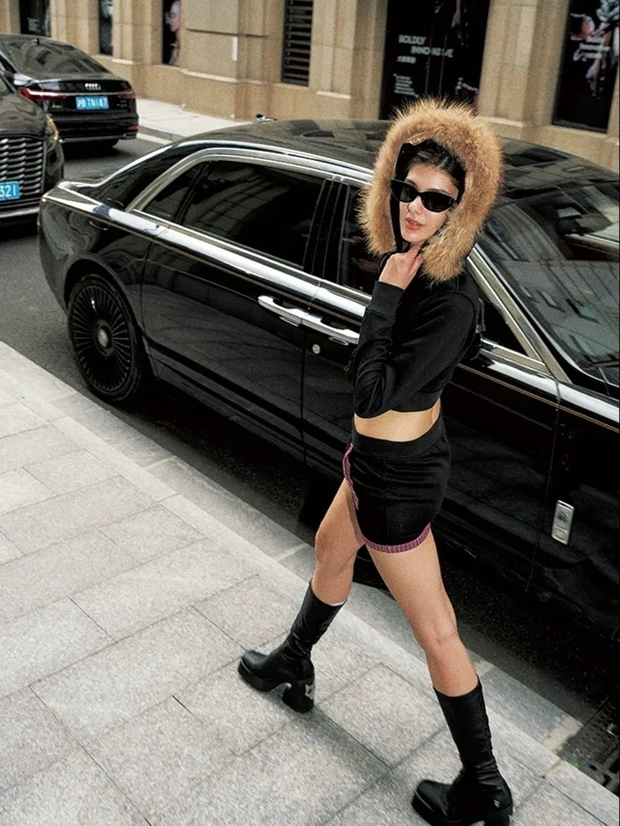 Anti Being General Hooded Plaid Knit Two Way Skirt Set Suits