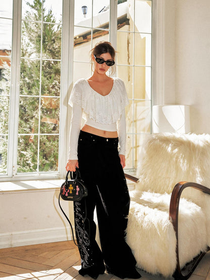 Anti Being General Lace Knit U Neck Ruffle Slim Fit Women&