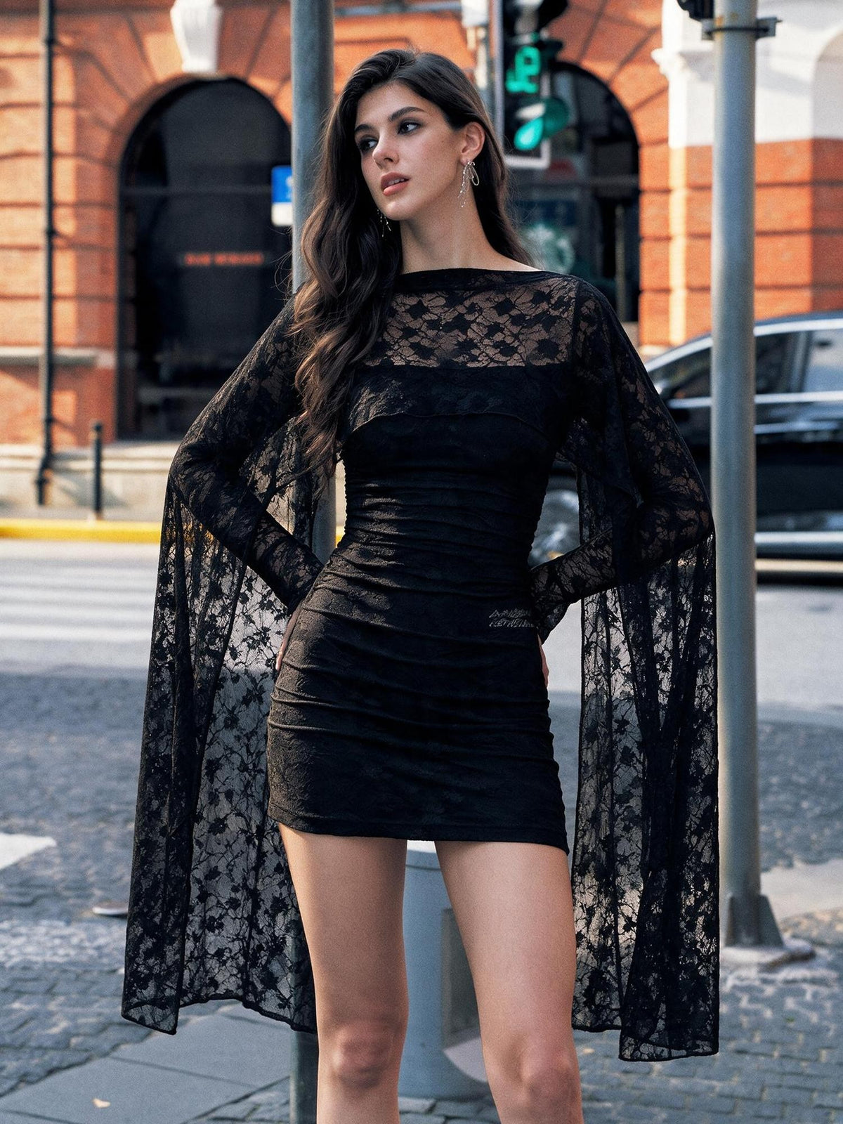 Anti Being General Lace Ruched Cape Square Neck Long Sleeve Women&