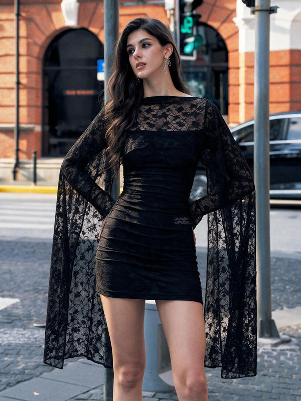 Lace Ruched Cape Square Neck Long Sleeve Women's Nylon Bodycon Mini Dresses