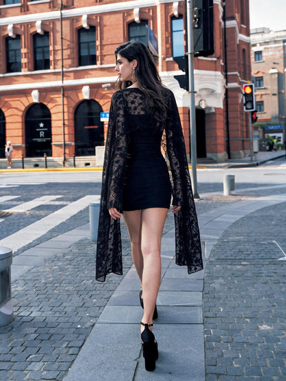 Anti Being General Lace Ruched Cape Square Neck Long Sleeve Women&