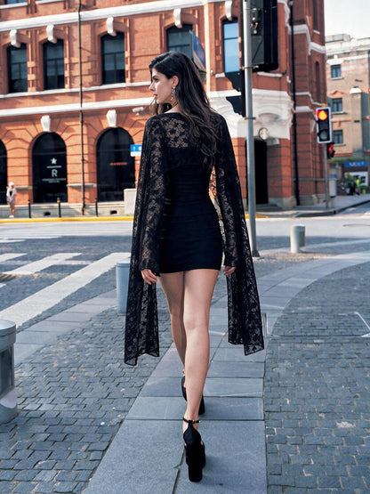 Anti Being General Lace Ruched Cape Square Neck Long Sleeve Women&