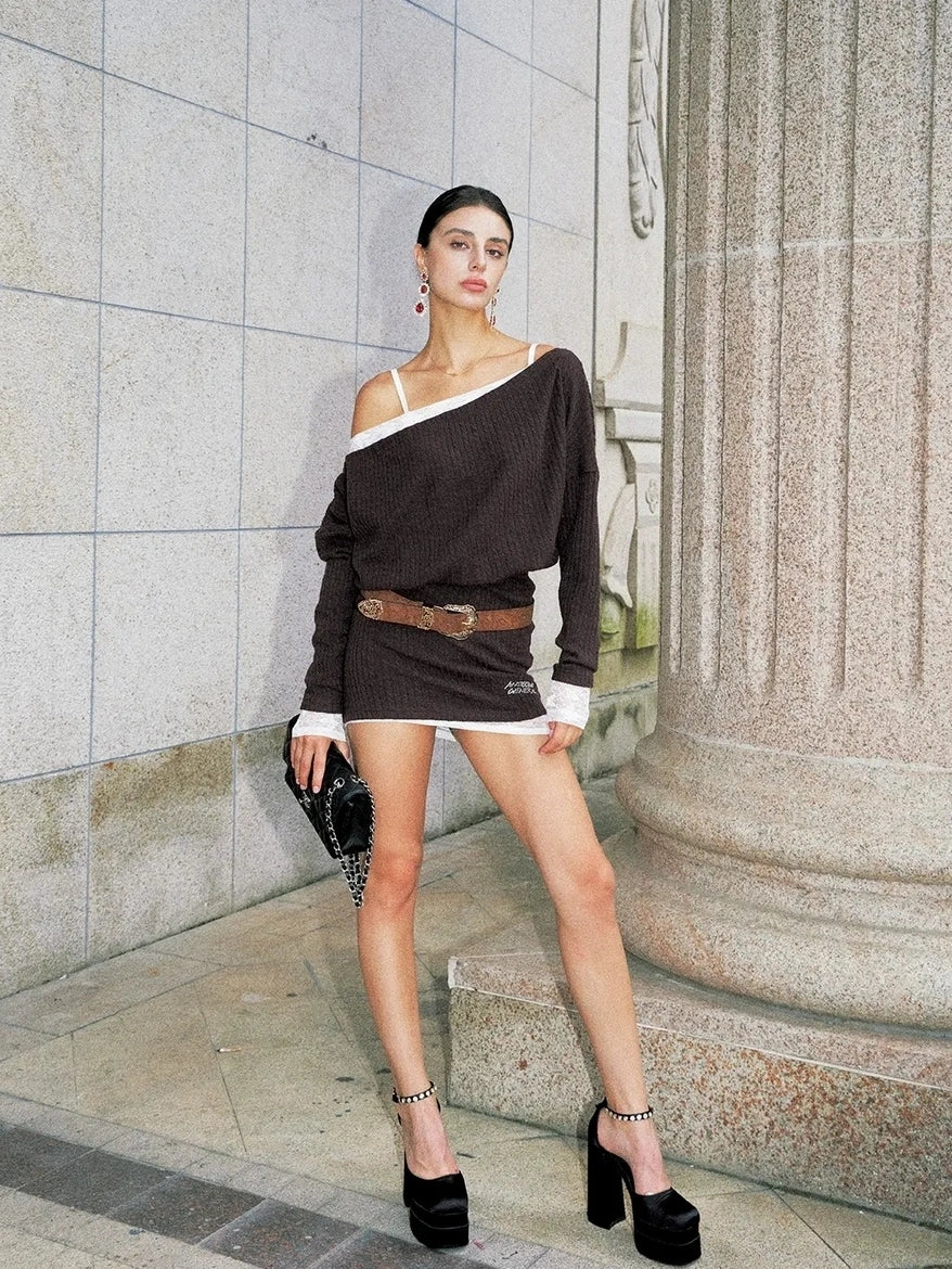 Anti Being General Lace Trimmed Knit Bodycon Mini Dress V-neck T-shirt Long Sleeve Suits