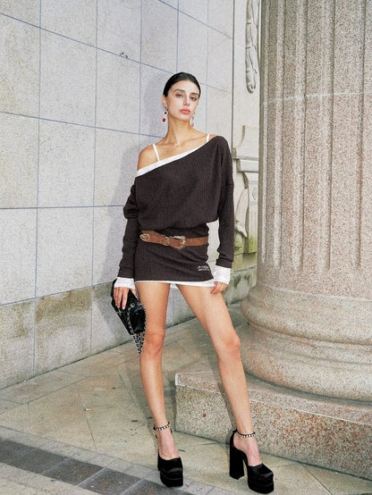 Anti Being General Lace Trimmed Knit Bodycon Mini Dress V-neck T-shirt Long Sleeve Suits