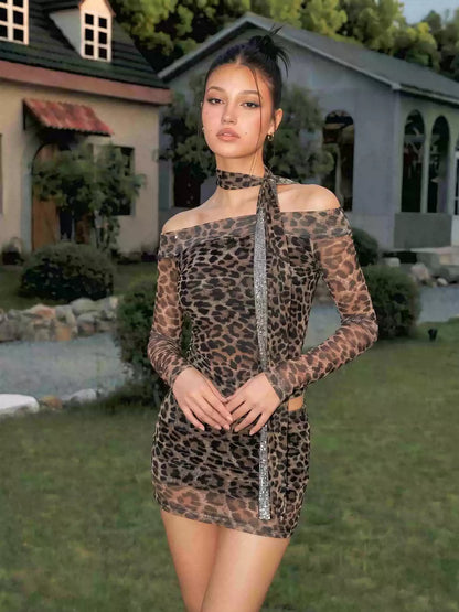 Anti Being General Leopard Mesh Off Shoulder Long Sleeve Women&