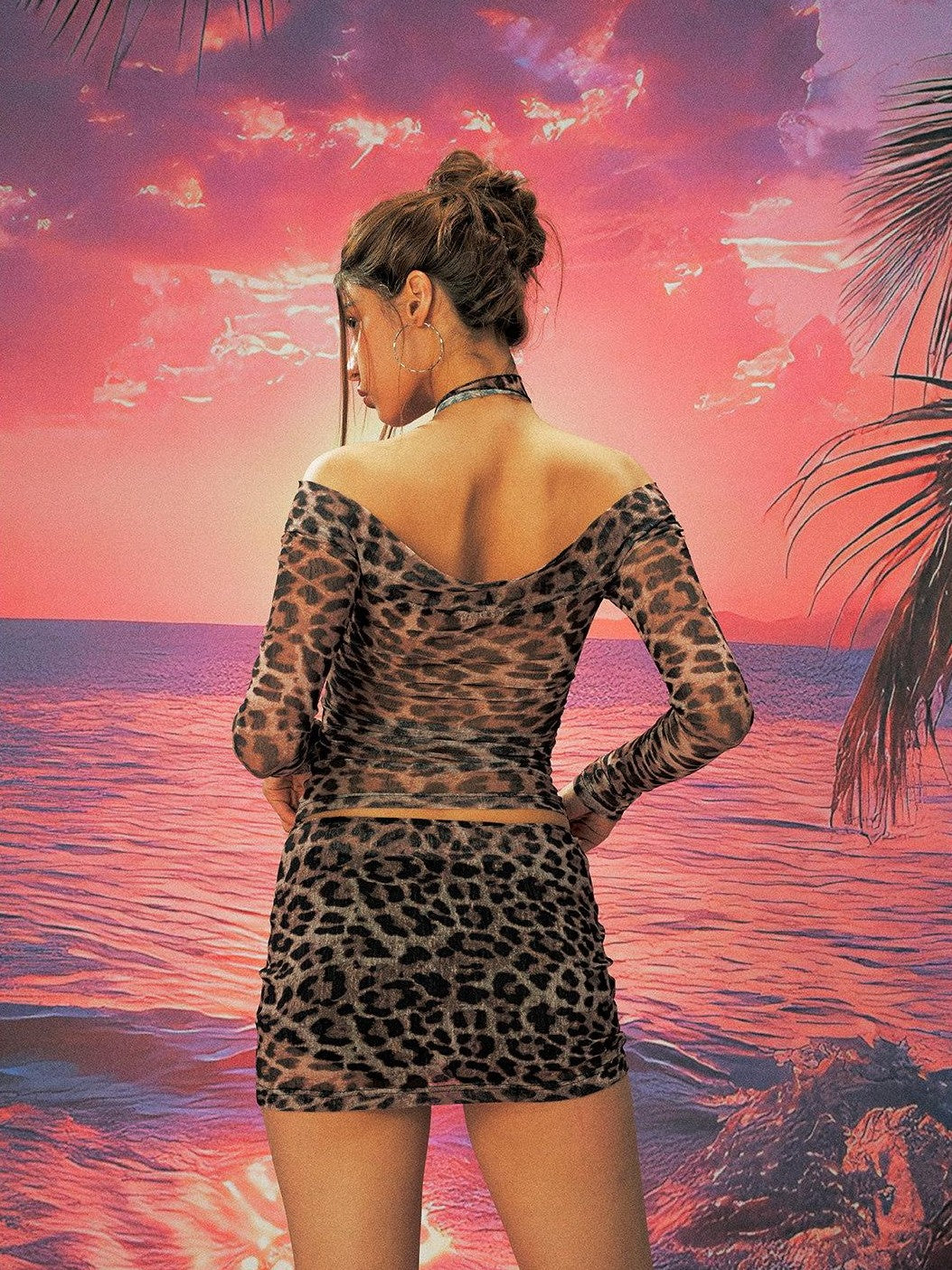 Anti Being General Leopard Mesh Off Shoulder Long Sleeve Women&
