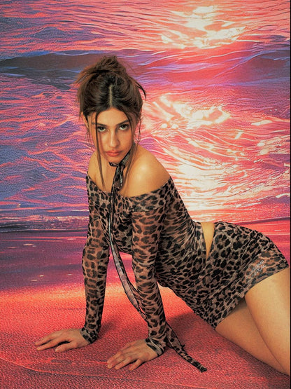 Anti Being General Leopard Mesh Off Shoulder Long Sleeve Women&