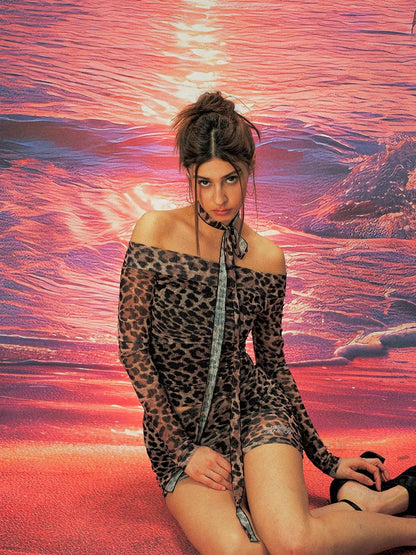 Anti Being General Leopard Mesh Off Shoulder Long Sleeve Women&