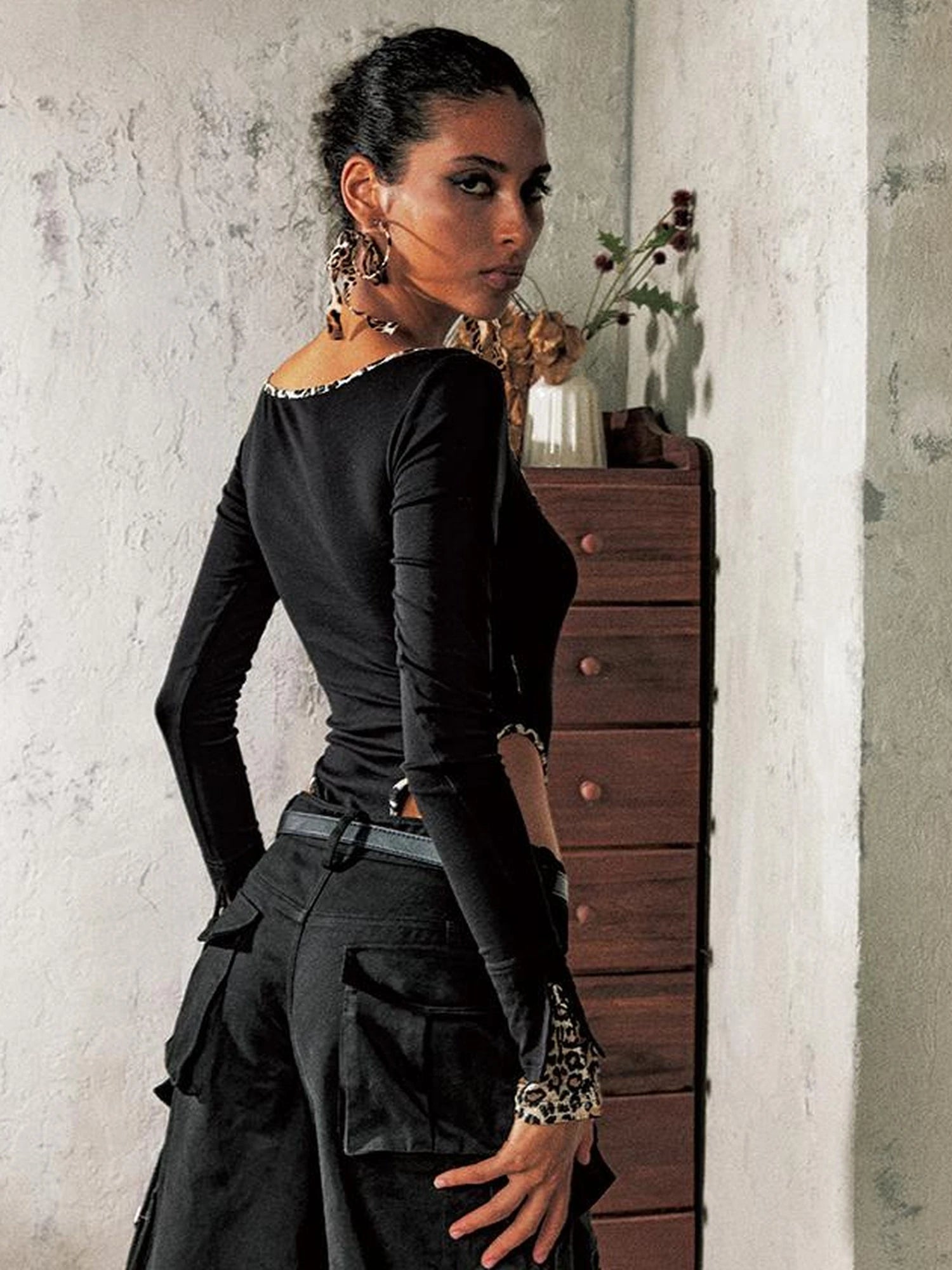 Leopard Trim Long Sleeve T Shirt Bodysuit