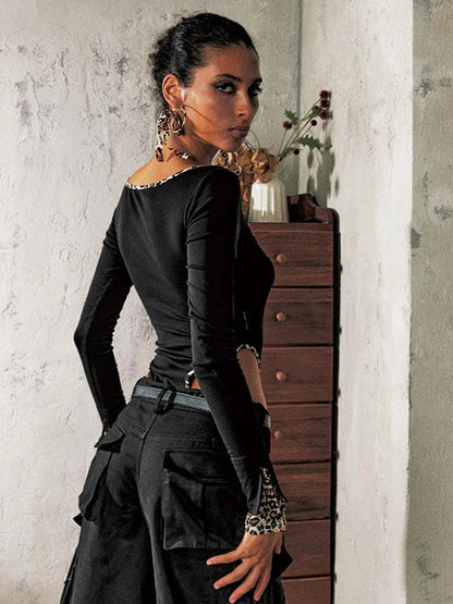 Leopard Trim Long Sleeve T Shirt Bodysuit