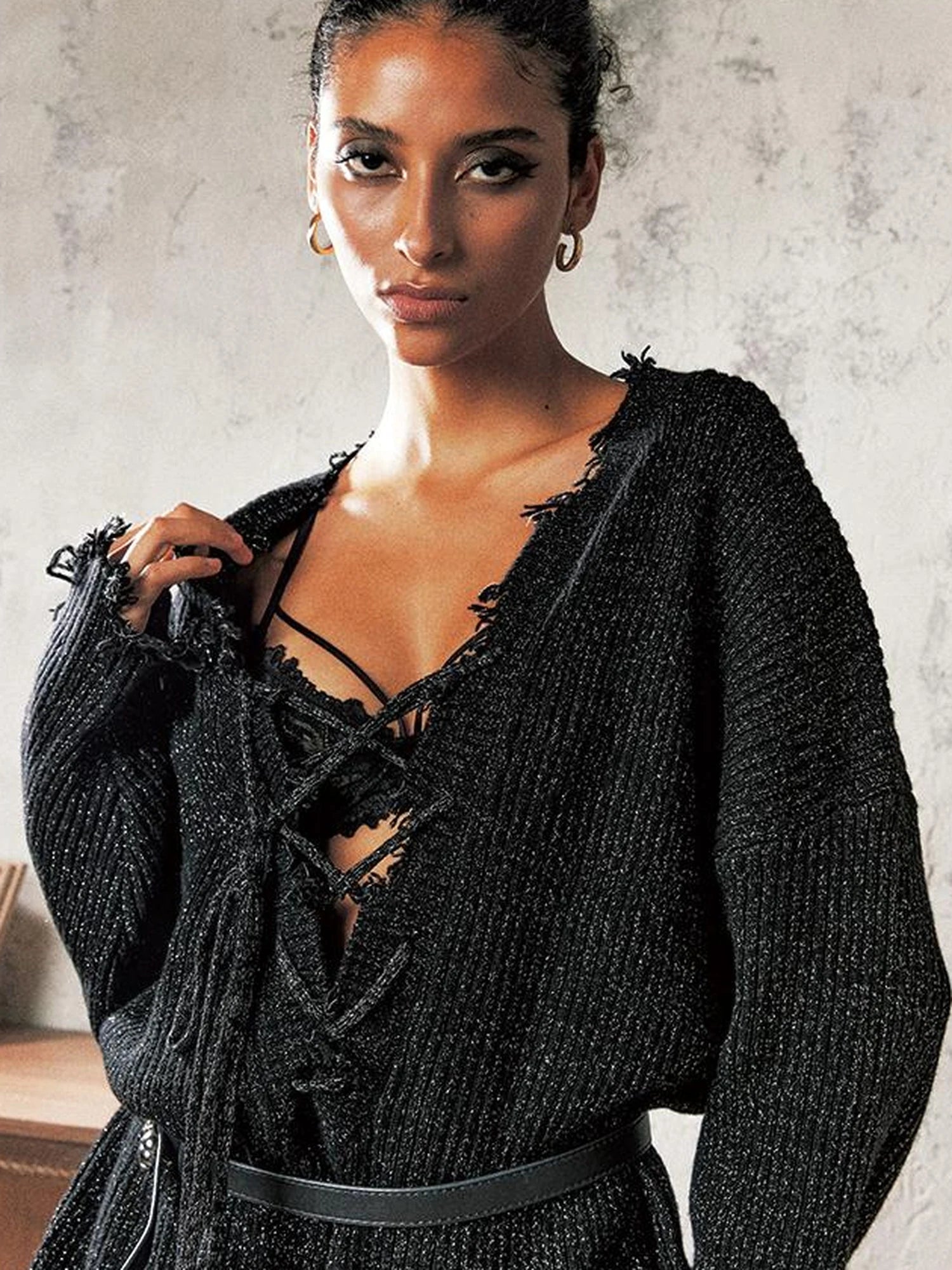 Loose Fit Glitter Knit Long Sleeve Tie Front Top