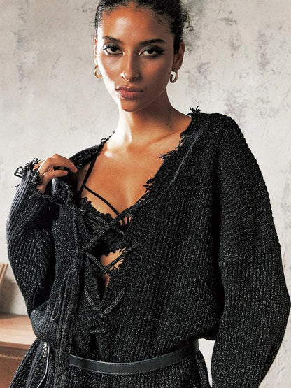 Loose Fit Glitter Knit Long Sleeve Tie Front Top