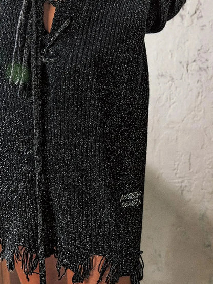 Loose Fit Glitter Knit Long Sleeve Tie Front Top