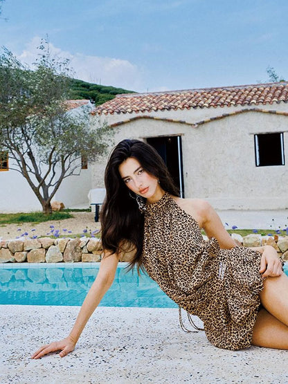 Low Back Leopard Print Halter Neck Mini Dress