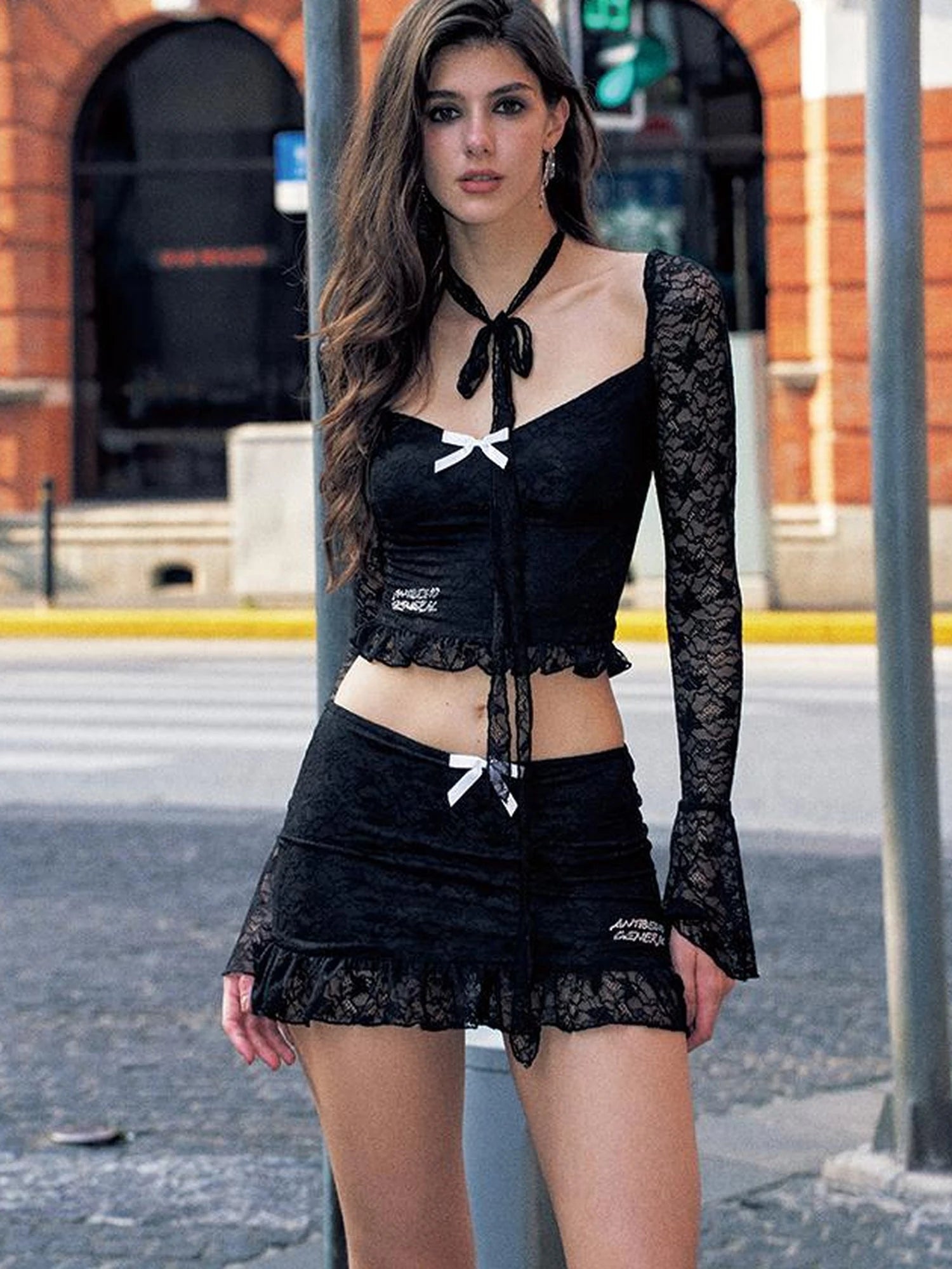 Low Cut Ribbon Lace Trim Bodycon Long Sleeve Mini Dress