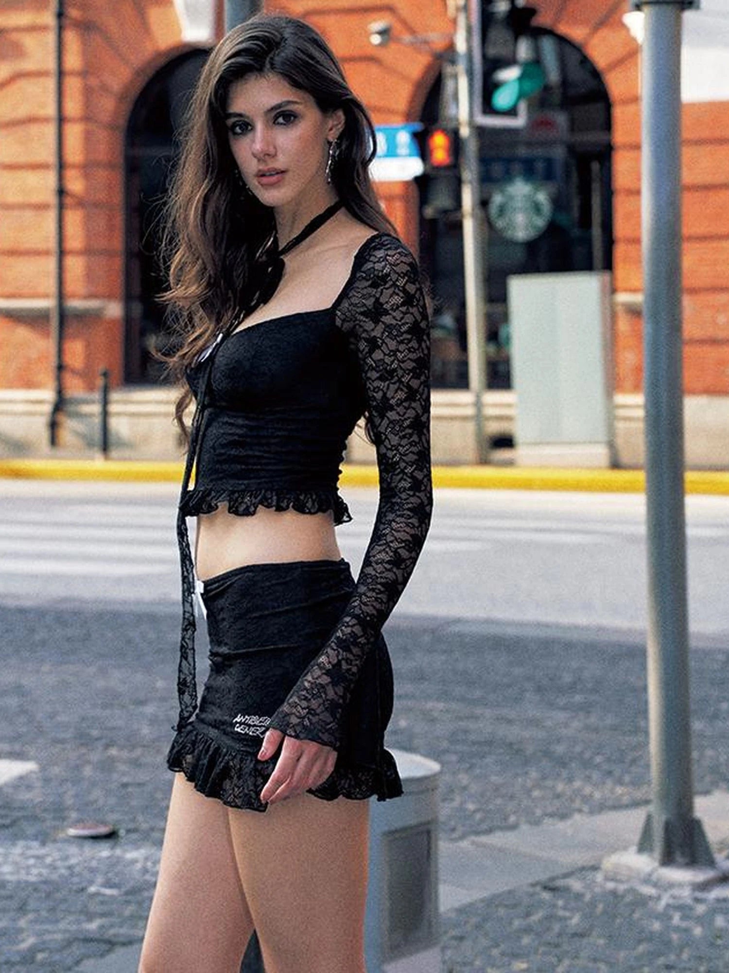 Low Cut Ribbon Lace Trim Bodycon Long Sleeve Mini Dress