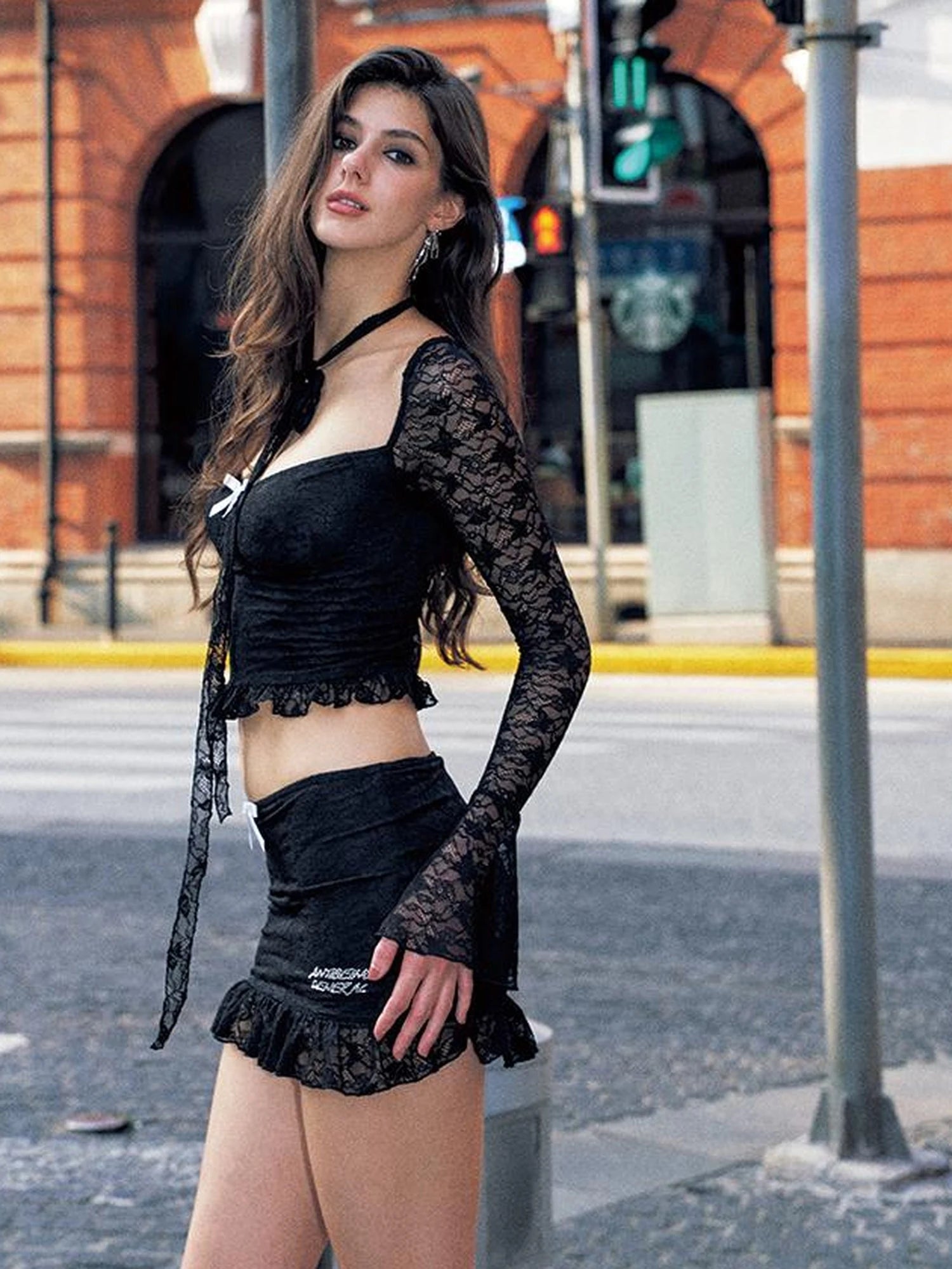 Low Cut Ribbon Lace Trim Bodycon Long Sleeve Mini Dress