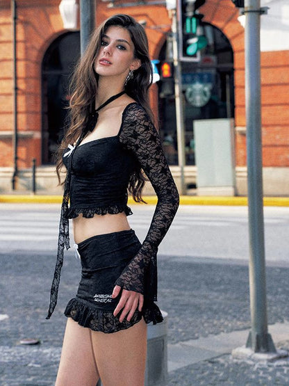 Low Cut Ribbon Lace Trim Bodycon Long Sleeve Mini Dress