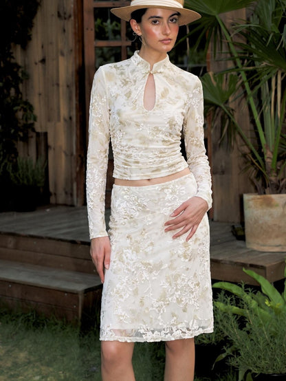 Anti Being General New Chinese Style Stand Collar Gilt Velvet Burnout Hollow Out Women&