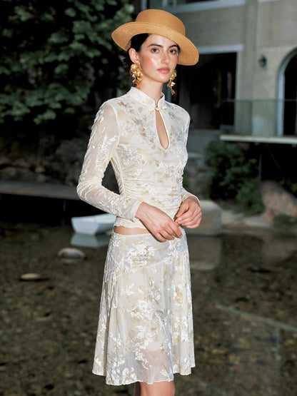 Anti Being General New Chinese Style Stand Collar Gilt Velvet Burnout Hollow Out Women&