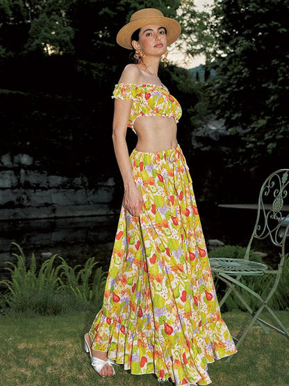 One Shoulder Floral Print Resort Maxi Dress Set