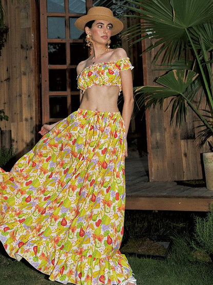 One Shoulder Floral Print Resort Maxi Dress Set