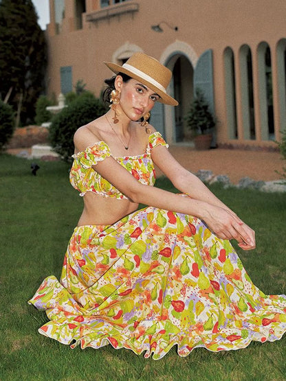 One Shoulder Floral Print Resort Maxi Dress Set