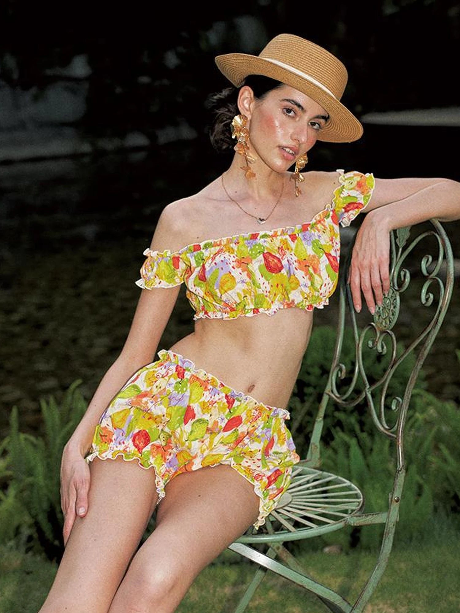 One Shoulder Print Shorts Set Vacation Wear