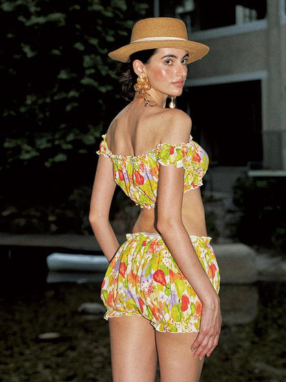 One Shoulder Print Shorts Set Vacation Wear