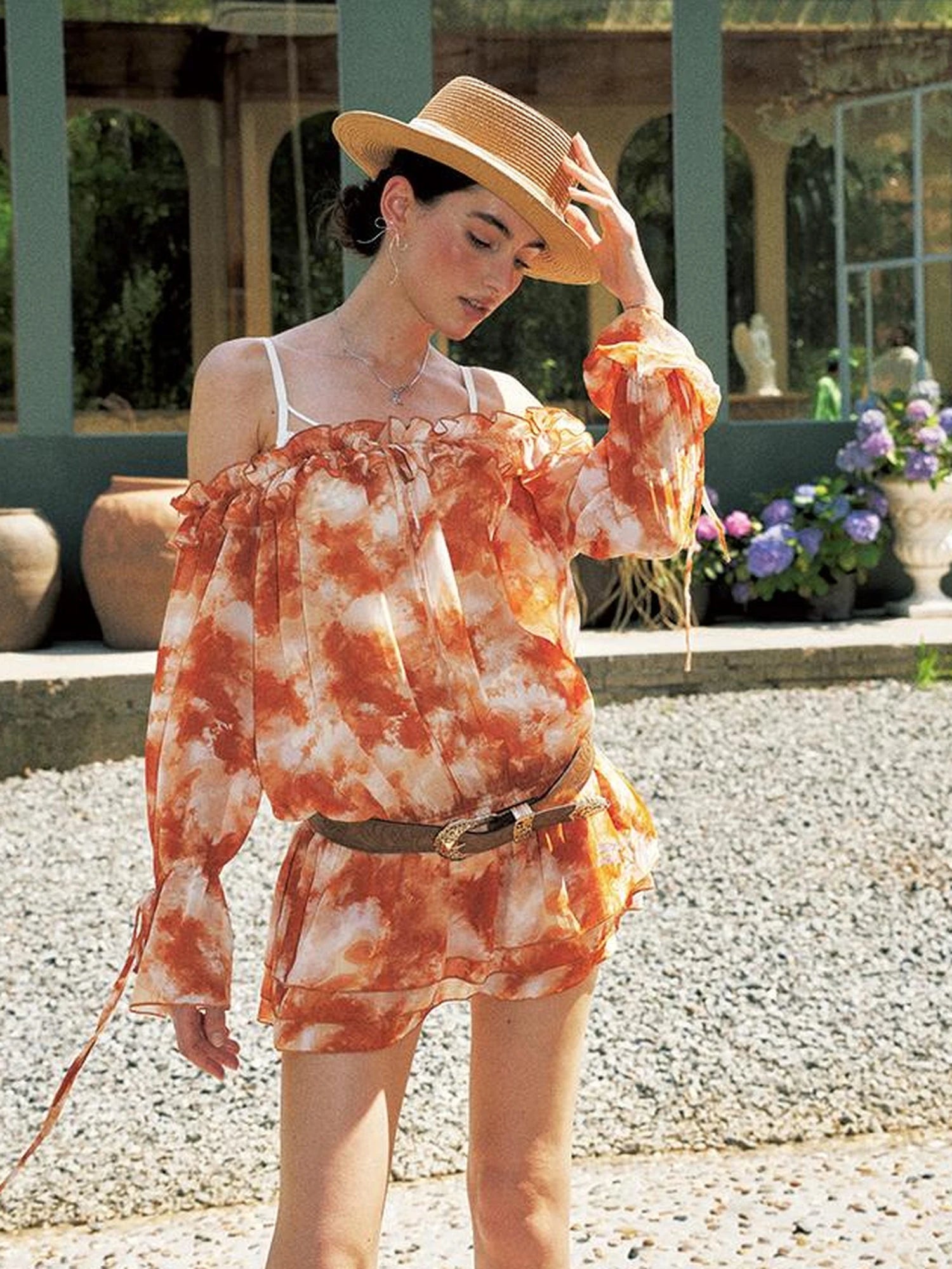 Orange Off Shoulder Bubble Sleeve Dress