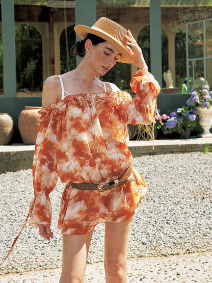 Orange Off Shoulder Bubble Sleeve Dress