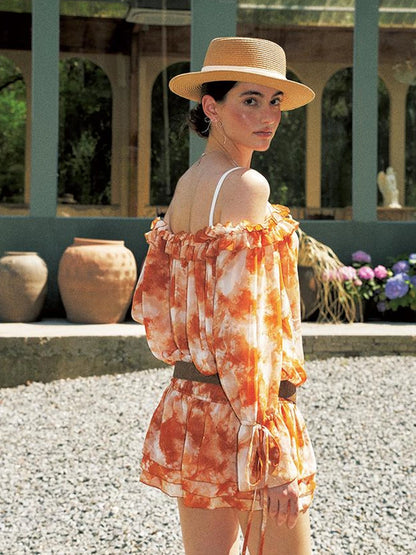 Orange Off Shoulder Bubble Sleeve Dress