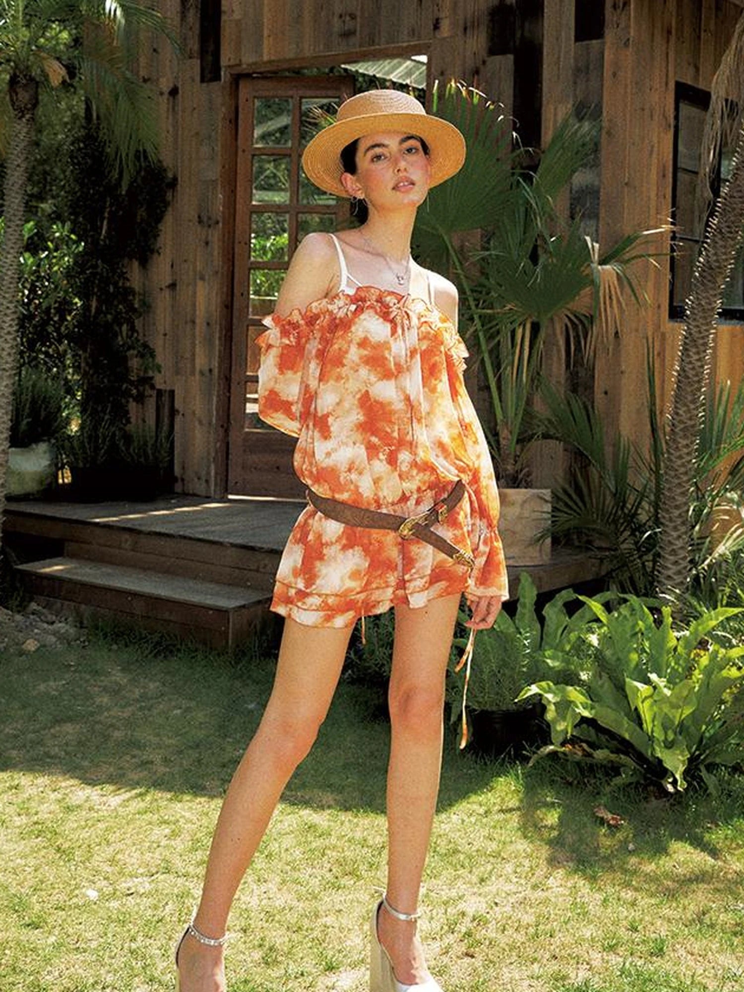 Orange Off Shoulder Bubble Sleeve Dress