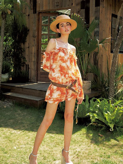 Orange Off Shoulder Bubble Sleeve Dress