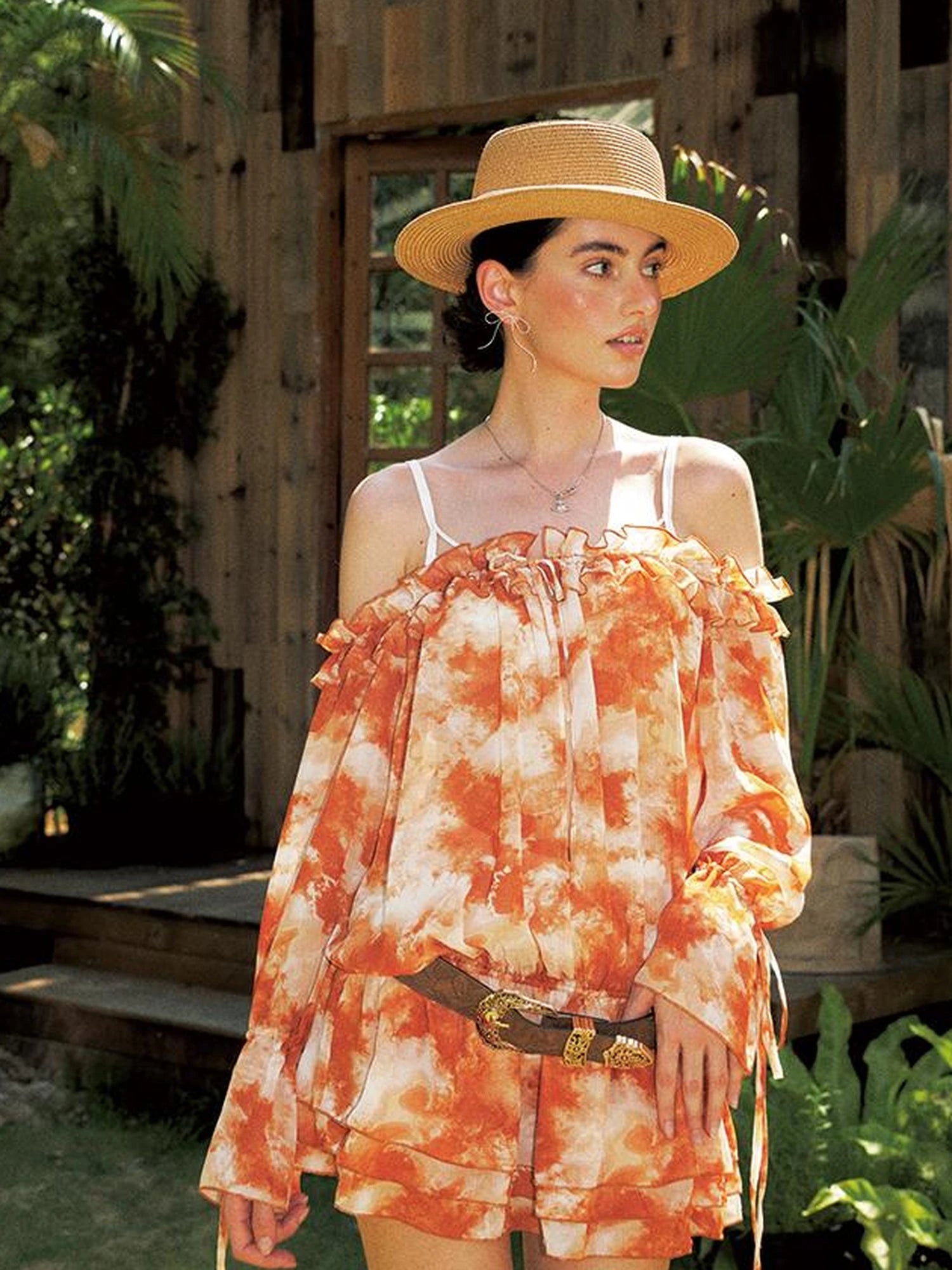 Orange Off Shoulder Bubble Sleeve Dress