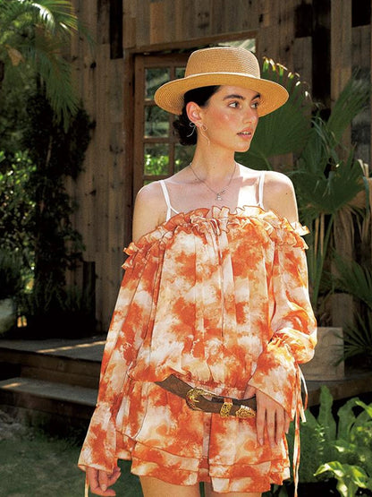 Orange Off Shoulder Bubble Sleeve Dress