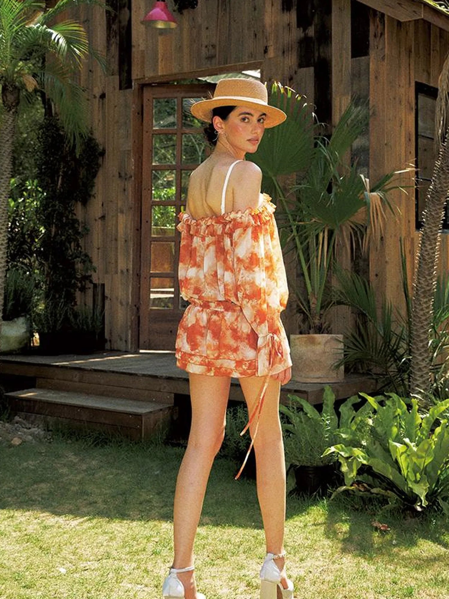 Orange Off Shoulder Bubble Sleeve Dress