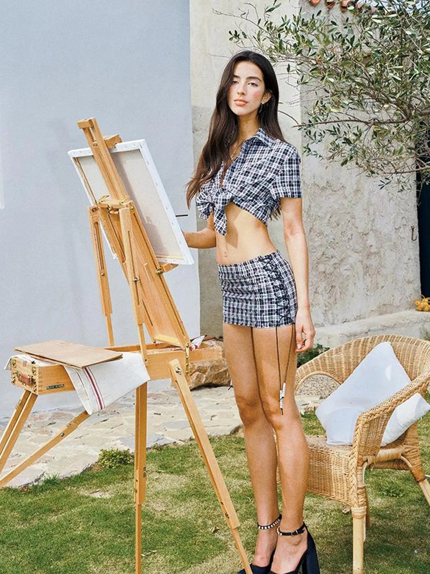 Plaid Kitty Crop Top with Lace Up Detail