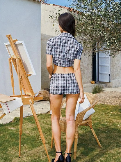 Plaid Kitty Crop Top with Lace Up Detail