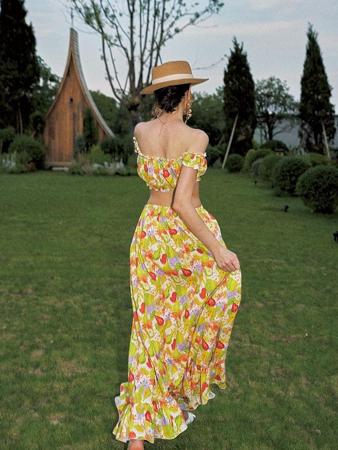 Anti Being General Printed Off Shoulder Tube Top Long Dress Cotton Women&