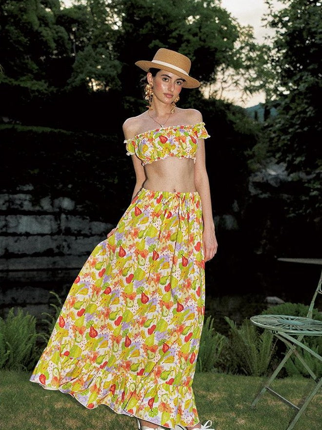 Anti Being General Printed Off Shoulder Tube Top Long Dress Cotton Women&