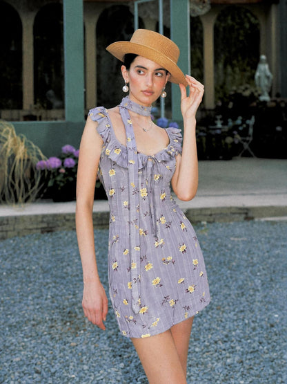 Anti Being General Purple Floral Flutter Sleeve Button Front Women&