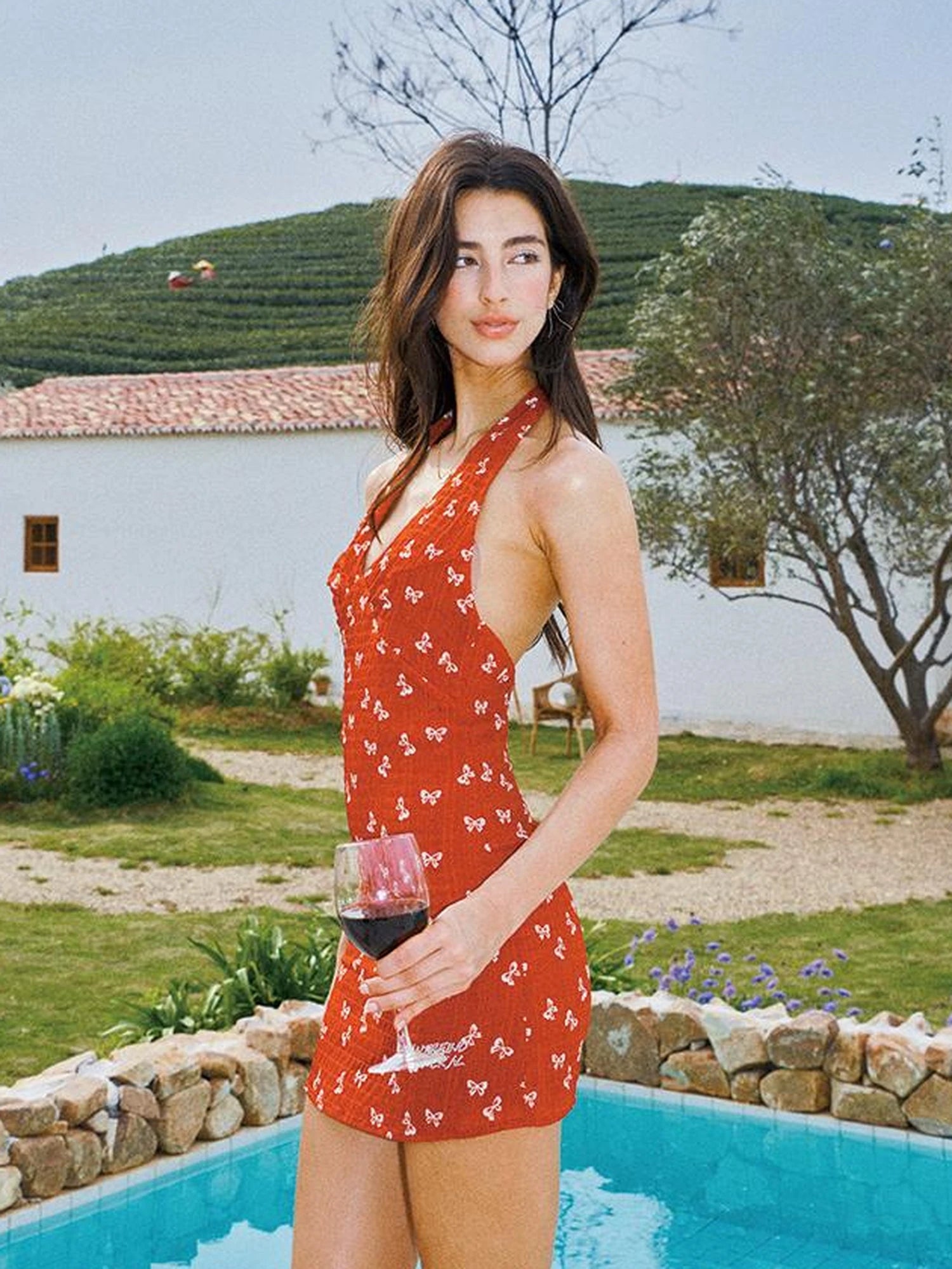 Red Bow V-Neck Sleeveless Halter Dress