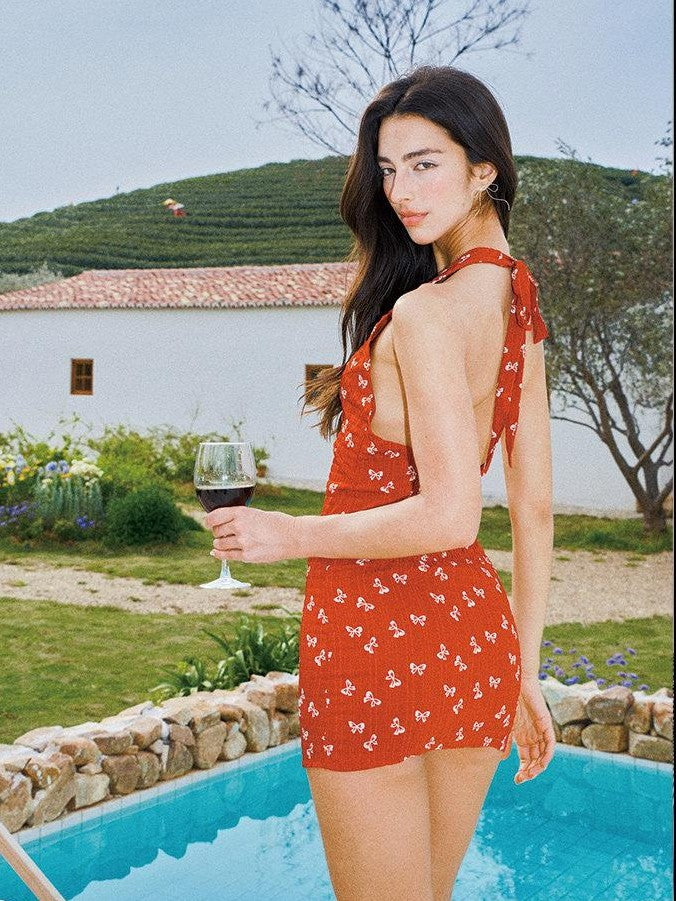 Anti Being General Red Bow V-neck Backless Slim Fit Women&
