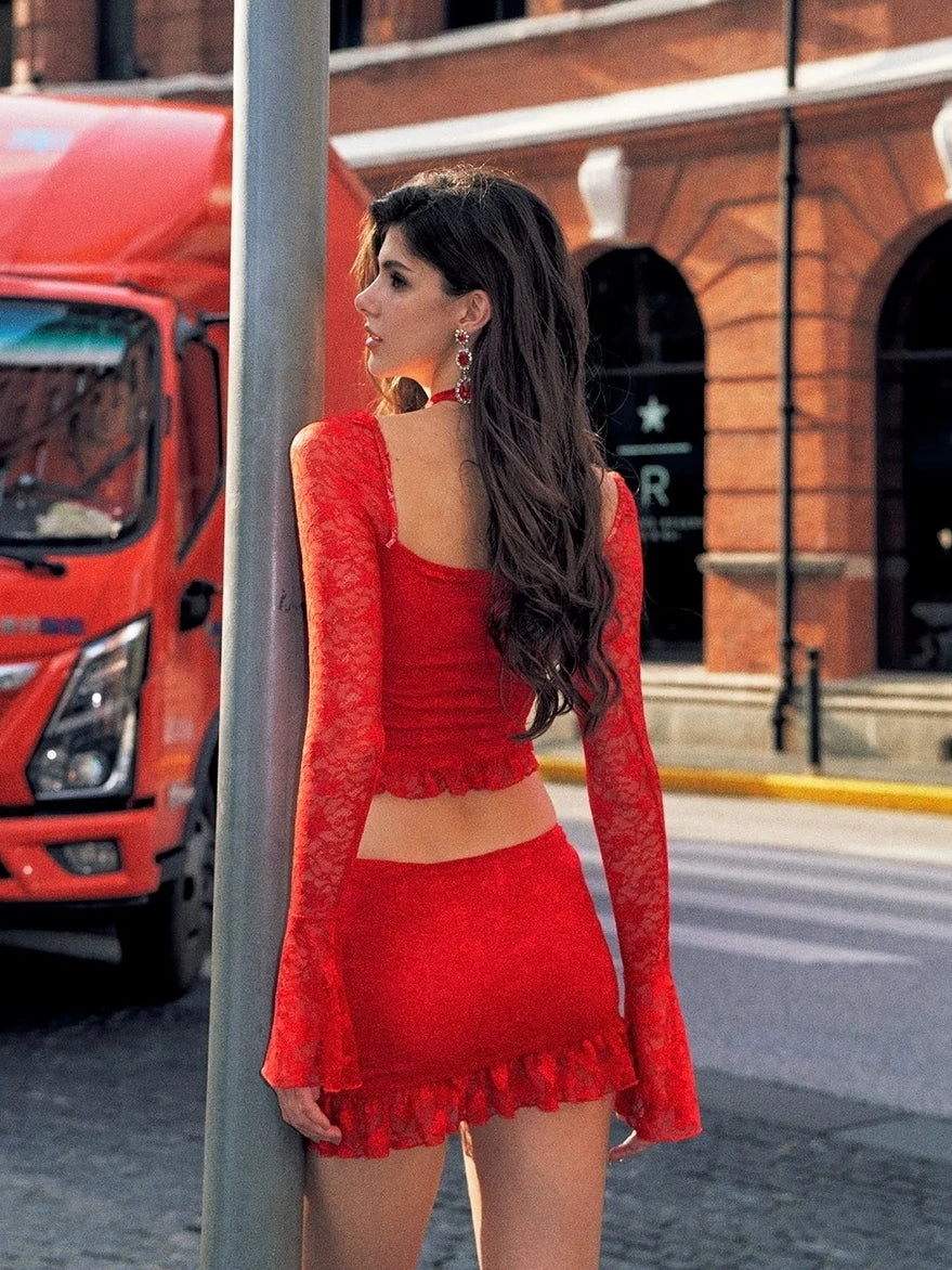 Anti Being General Red Lace Christmas Set
V-neck
T-shirt
Long Sleeve
Red Lace
Christmas Set Suits