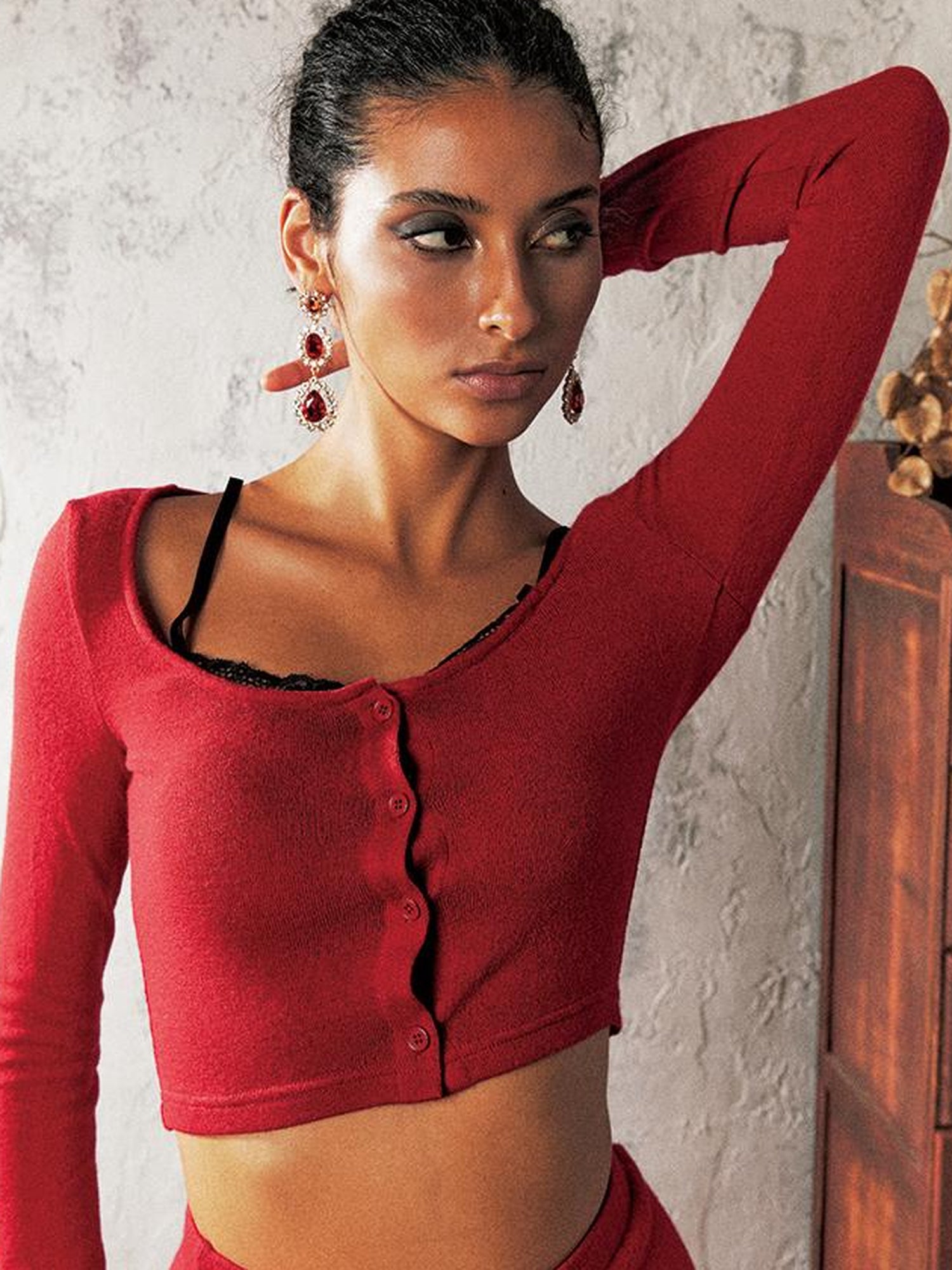 Update Anti Being General Red Lace Long Sleeve Knit With Asymmetric Pencil Skirt Set