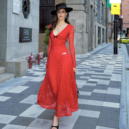 Anti_Being_General_Red_Lace_Splice_Deep_V_Long_Sleeve_Women&
