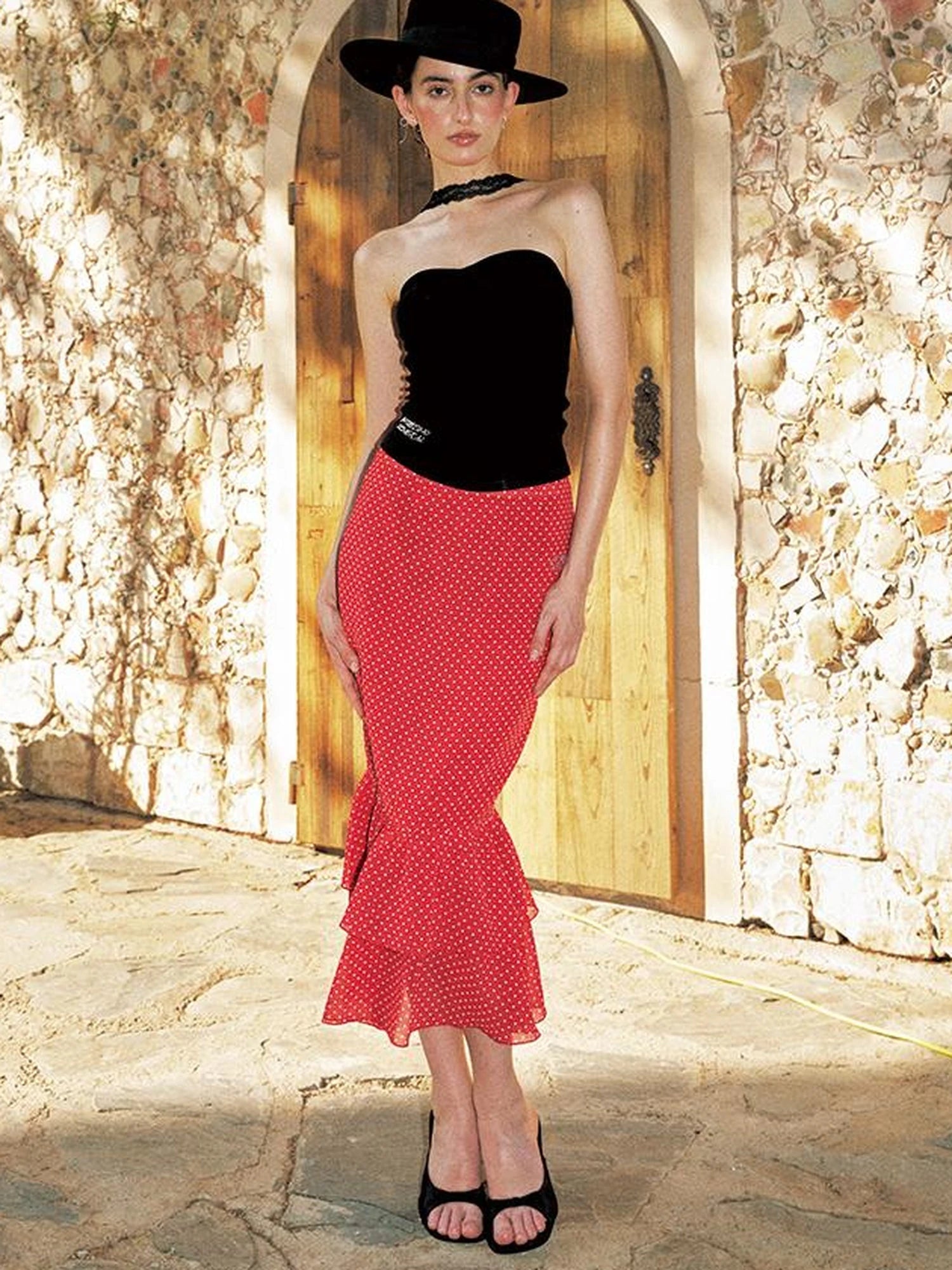 Red Polka Dot Knit Two Piece Dress Set V Neck T Shirt Long Sleeve